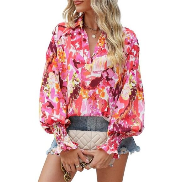 Pink Boho Floral Print V Neck Long Lantern Sleeve Flowy Loose‎ Top Blouse Shirt - Picture 6 of 7